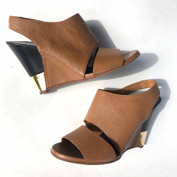 Chloe Shoes - Chloe Brown Gold-Trimmed Leather Wedge Sandals